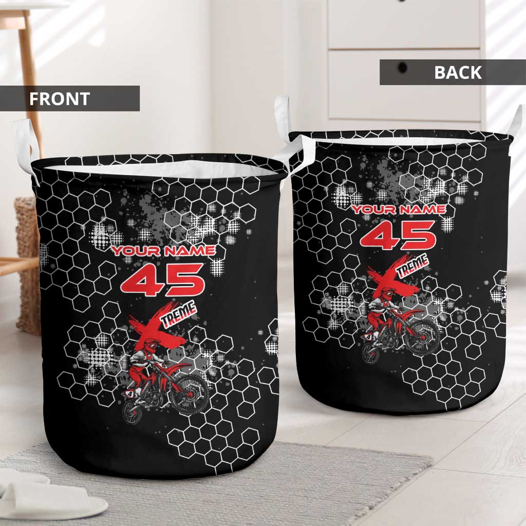 Custom Motocross Dirt Bike Laundry Basket with Red Rider and Honeycomb Grunge Design - Wonder Print Shop