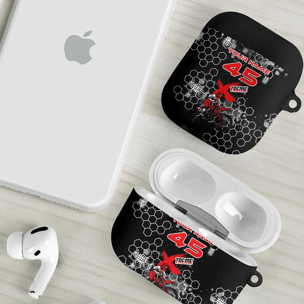 Custom Motocross Dirt Bike AirPods Case with Red Rider and Honeycomb Grunge Design - Wonder Print Shop