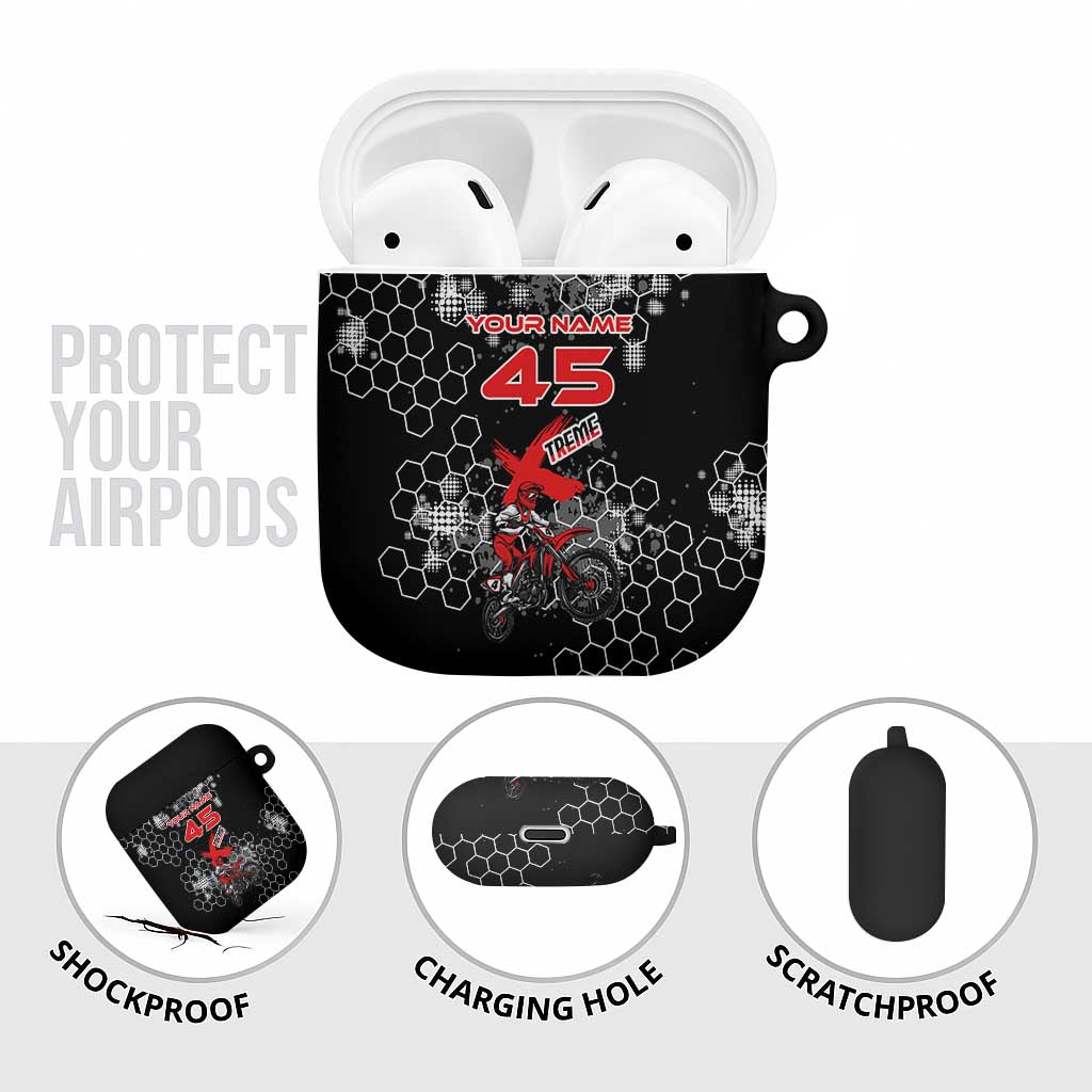 Custom Motocross Dirt Bike AirPods Case with Red Rider and Honeycomb Grunge Design - Wonder Print Shop