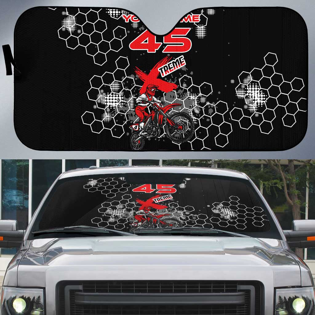 Custom Motocross Dirt Bike Auto Sun Shade with Red Rider and Honeycomb Grunge Design - Wonder Print Shop