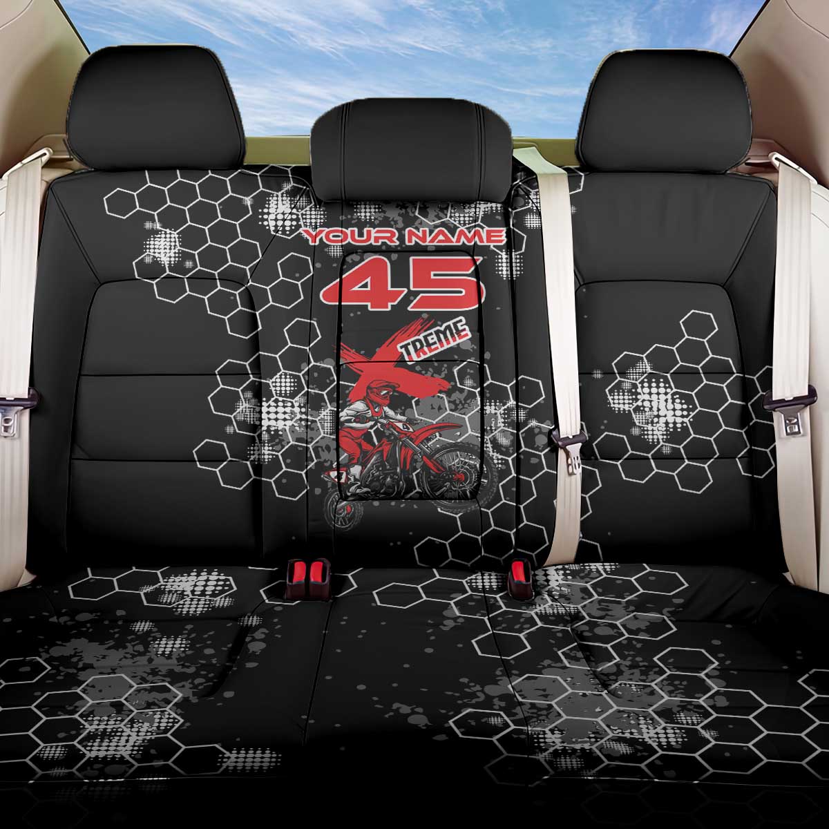 Custom Motocross Dirt Bike Back Car Seat Cover with Red Rider and Honeycomb Grunge Design - Wonder Print Shop
