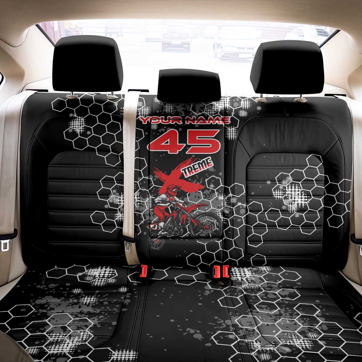 Custom Motocross Dirt Bike Back Car Seat Cover with Red Rider and Honeycomb Grunge Design - Wonder Print Shop