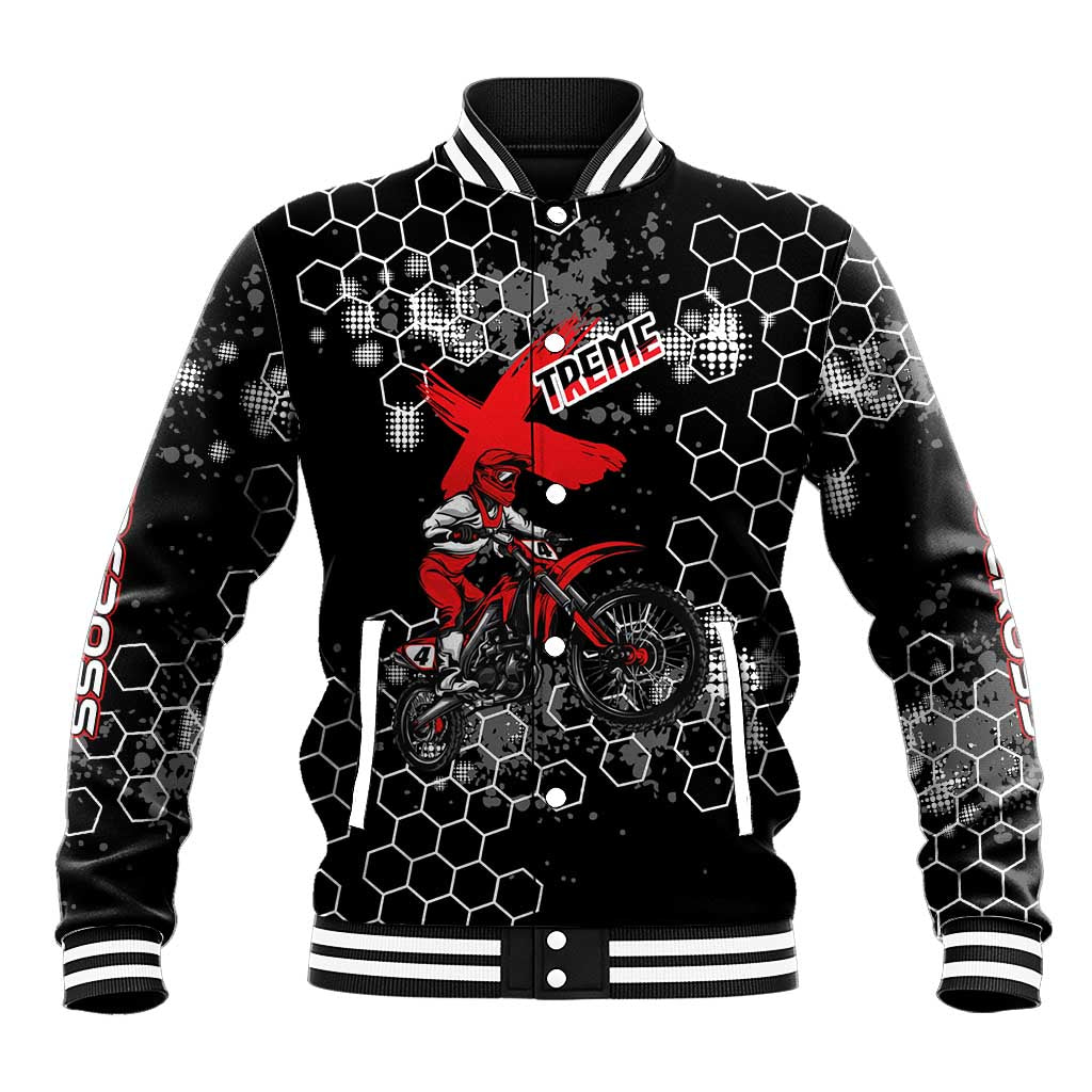 Custom Motocross Dirt Bike Baseball Jacket with Red Rider and Honeycomb Grunge Design - Wonder Print Shop