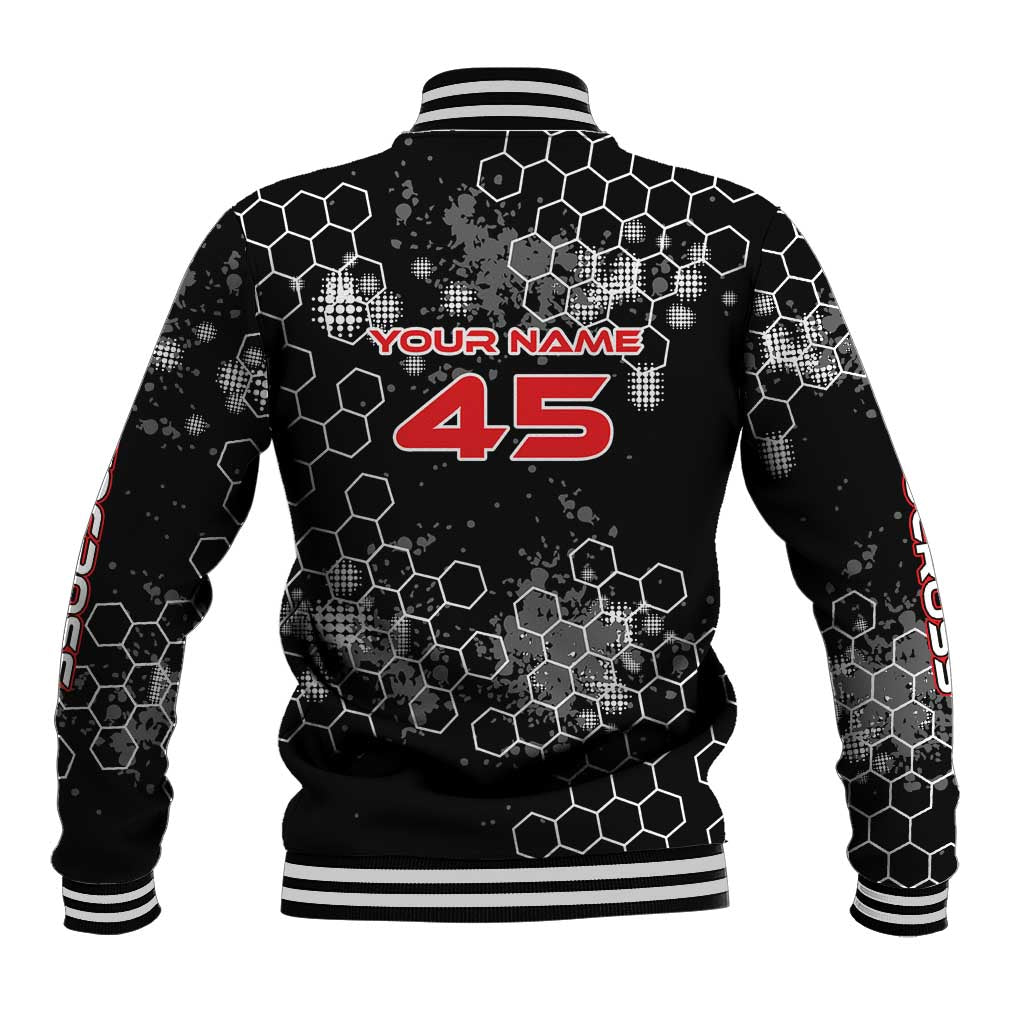 Custom Motocross Dirt Bike Baseball Jacket with Red Rider and Honeycomb Grunge Design - Wonder Print Shop
