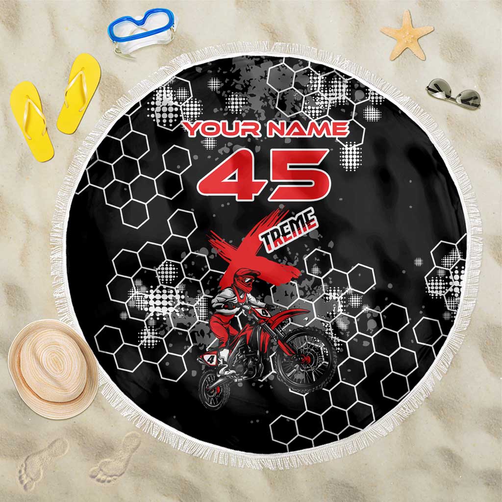 Custom Motocross Dirt Bike Beach Blanket with Red Rider and Honeycomb Grunge Design - Wonder Print Shop
