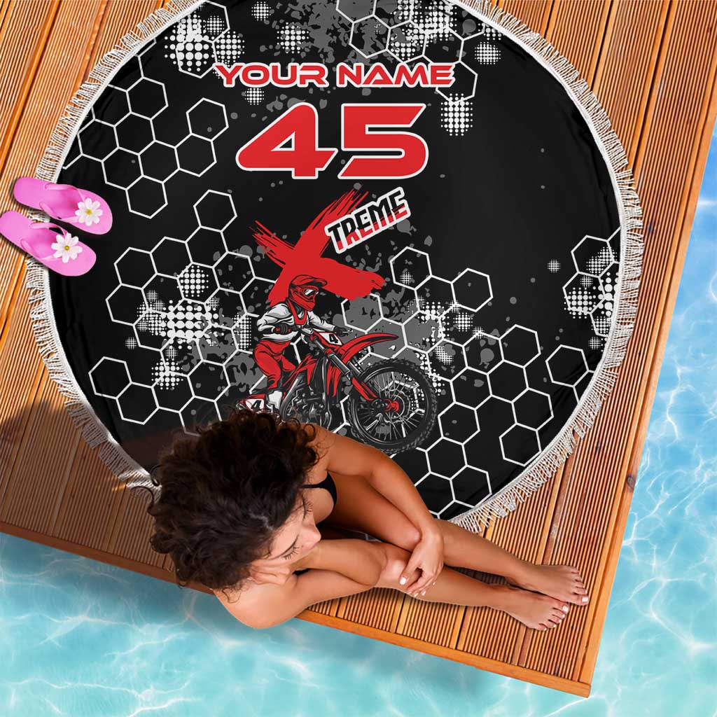 Custom Motocross Dirt Bike Beach Blanket with Red Rider and Honeycomb Grunge Design - Wonder Print Shop