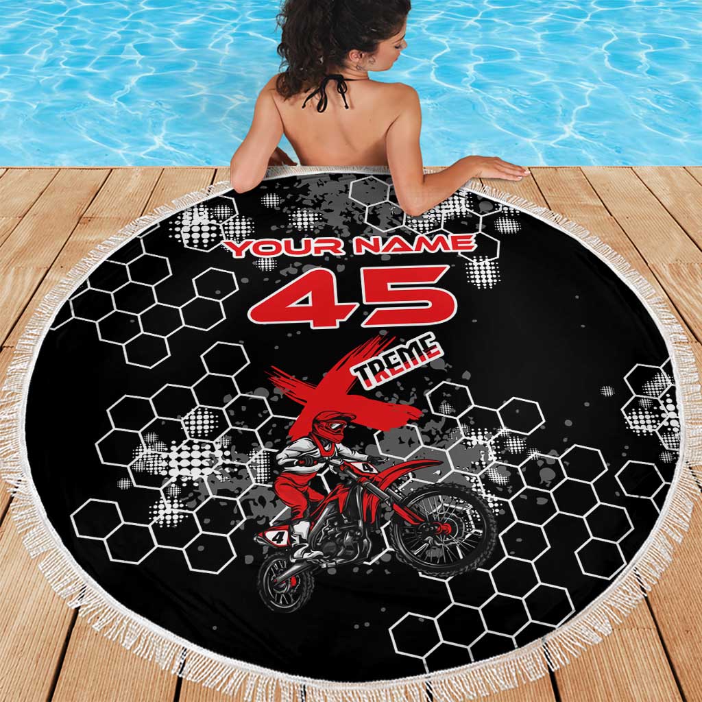 Custom Motocross Dirt Bike Beach Blanket with Red Rider and Honeycomb Grunge Design - Wonder Print Shop