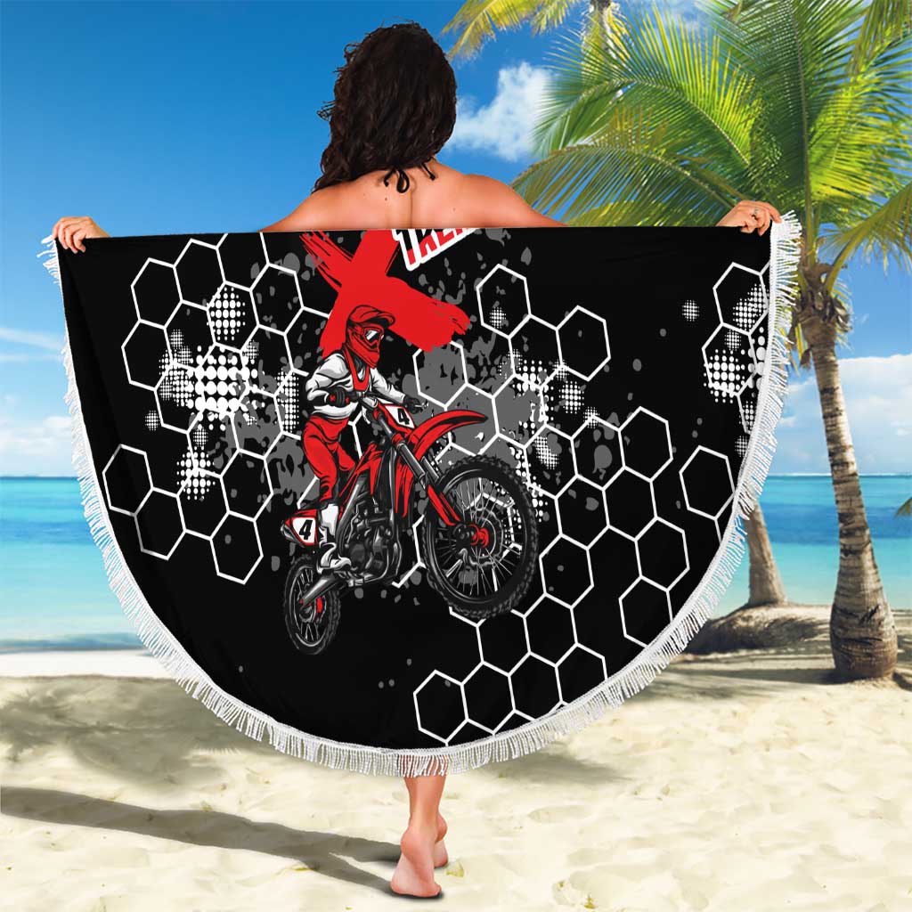 Custom Motocross Dirt Bike Beach Blanket with Red Rider and Honeycomb Grunge Design - Wonder Print Shop