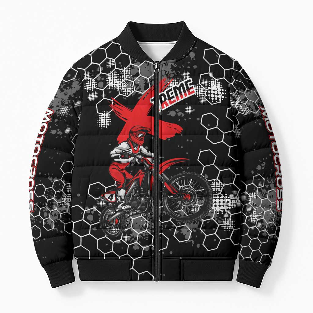 Custom Motocross Dirt Bike Bomber Puffer Jacket with Red Rider and Honeycomb Grunge Design - Wonder Print Shop