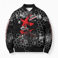 Custom Motocross Dirt Bike Bomber Puffer Jacket with Red Rider and Honeycomb Grunge Design - Wonder Print Shop