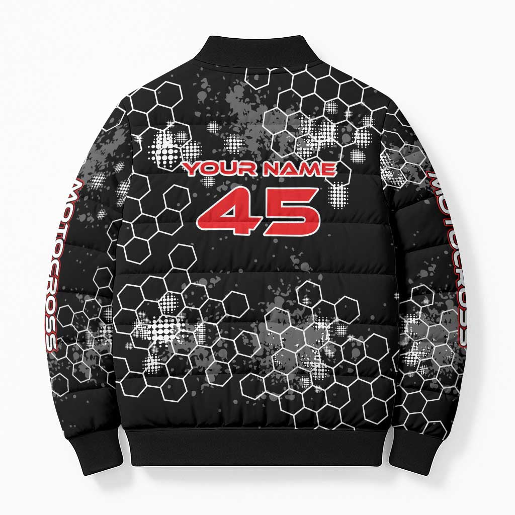 Custom Motocross Dirt Bike Bomber Puffer Jacket with Red Rider and Honeycomb Grunge Design - Wonder Print Shop
