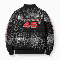 Custom Motocross Dirt Bike Bomber Puffer Jacket with Red Rider and Honeycomb Grunge Design - Wonder Print Shop
