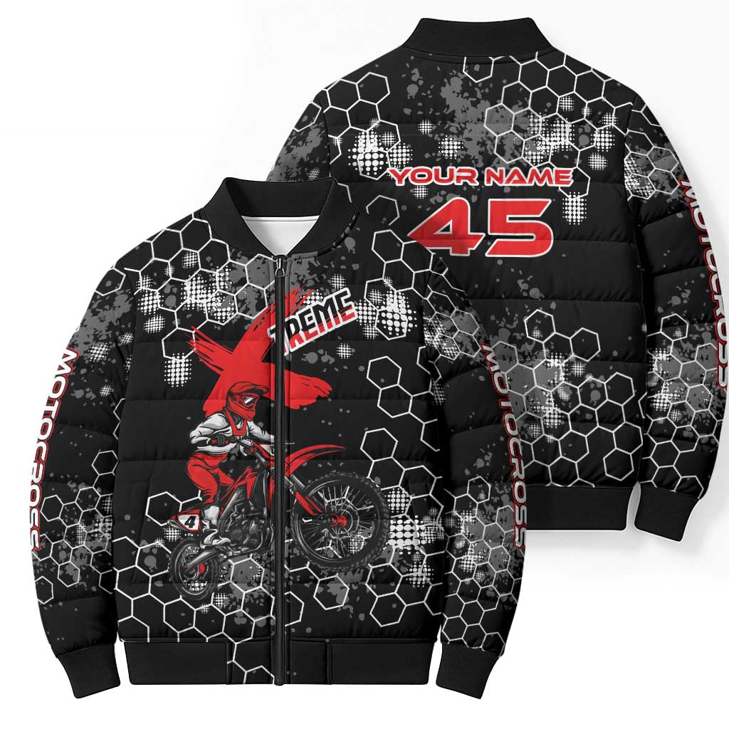 Custom Motocross Dirt Bike Bomber Puffer Jacket with Red Rider and Honeycomb Grunge Design - Wonder Print Shop