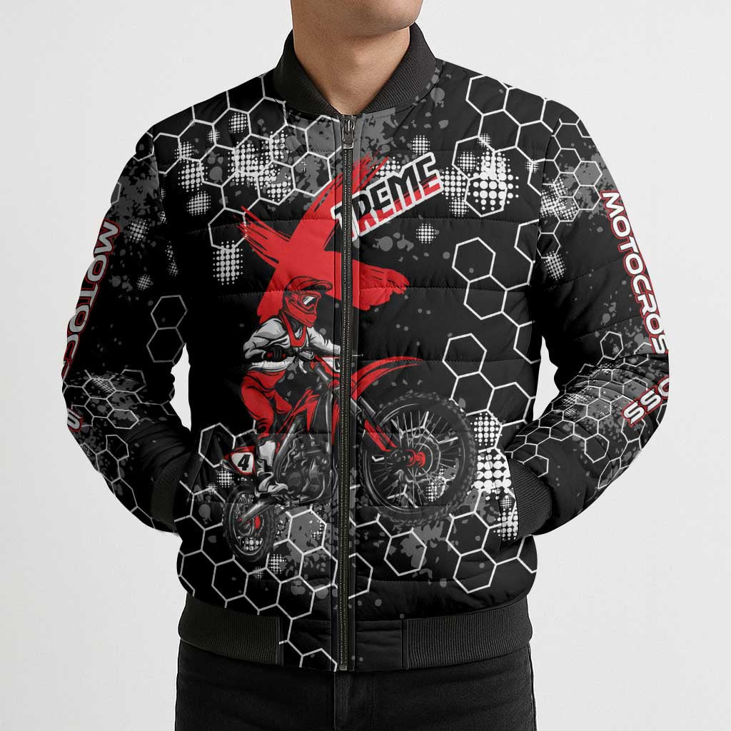 Custom Motocross Dirt Bike Bomber Puffer Jacket with Red Rider and Honeycomb Grunge Design - Wonder Print Shop
