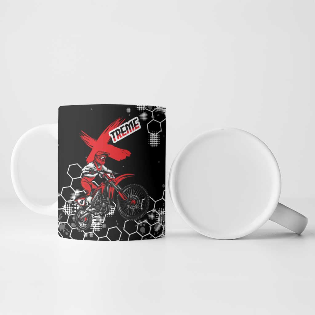 Custom Motocross Dirt Bike Ceramic Mug with Red Rider and Honeycomb Grunge Design - Wonder Print Shop