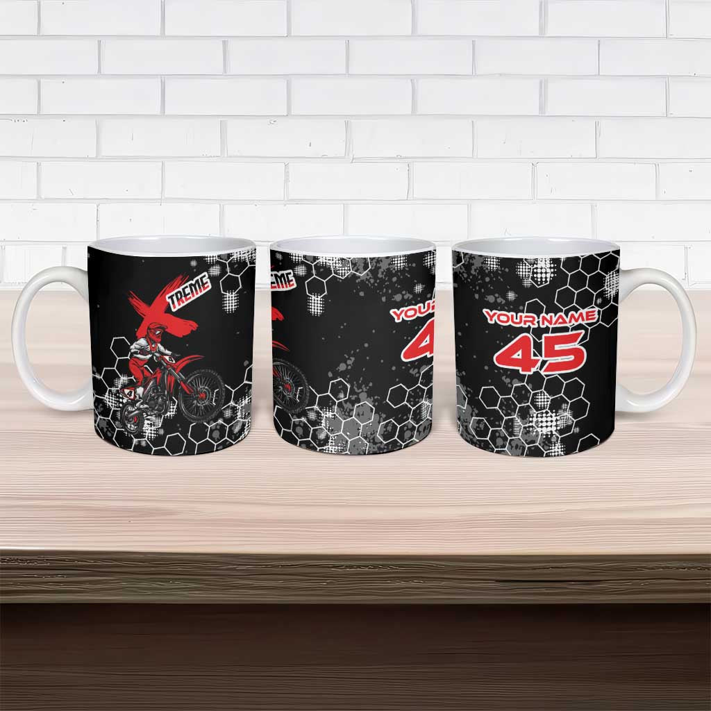Custom Motocross Dirt Bike Ceramic Mug with Red Rider and Honeycomb Grunge Design - Wonder Print Shop
