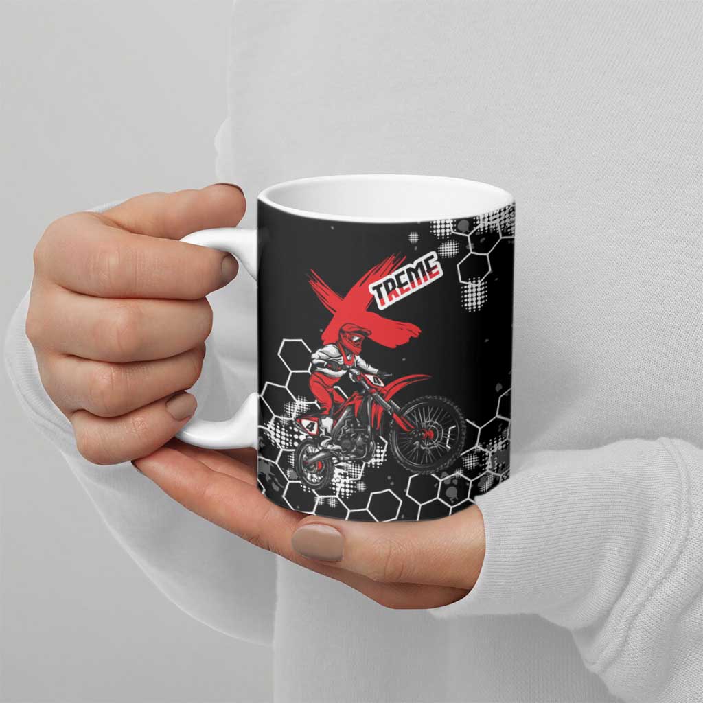Custom Motocross Dirt Bike Ceramic Mug with Red Rider and Honeycomb Grunge Design - Wonder Print Shop