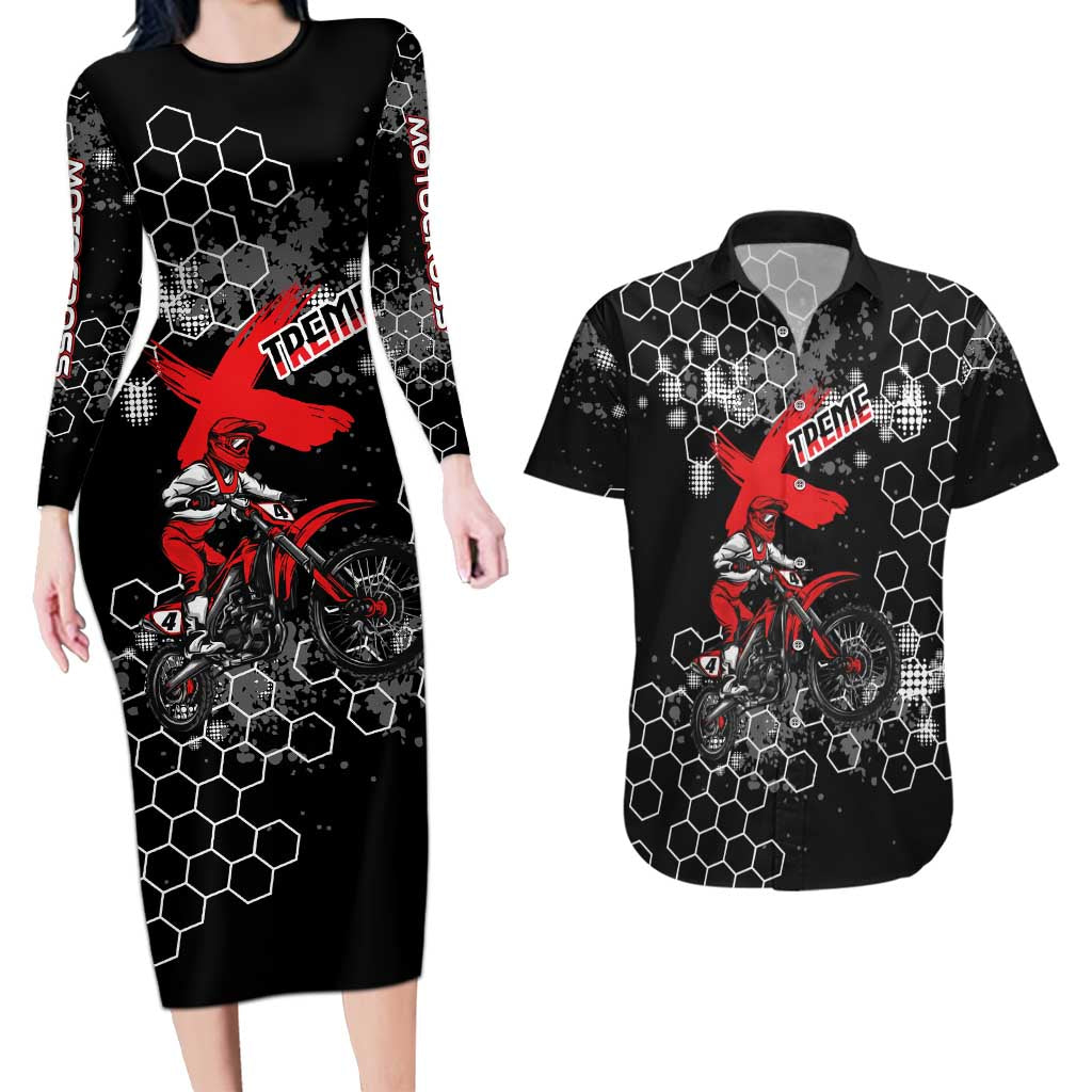 Custom Motocross Dirt Bike Couples Matching Long Sleeve Bodycon Dress and Hawaiian Shirt with Red Rider and Honeycomb Grunge Design - Wonder Print Shop
