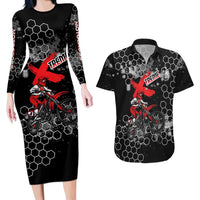 Custom Motocross Dirt Bike Couples Matching Long Sleeve Bodycon Dress and Hawaiian Shirt with Red Rider and Honeycomb Grunge Design - Wonder Print Shop