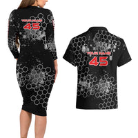 Custom Motocross Dirt Bike Couples Matching Long Sleeve Bodycon Dress and Hawaiian Shirt with Red Rider and Honeycomb Grunge Design - Wonder Print Shop