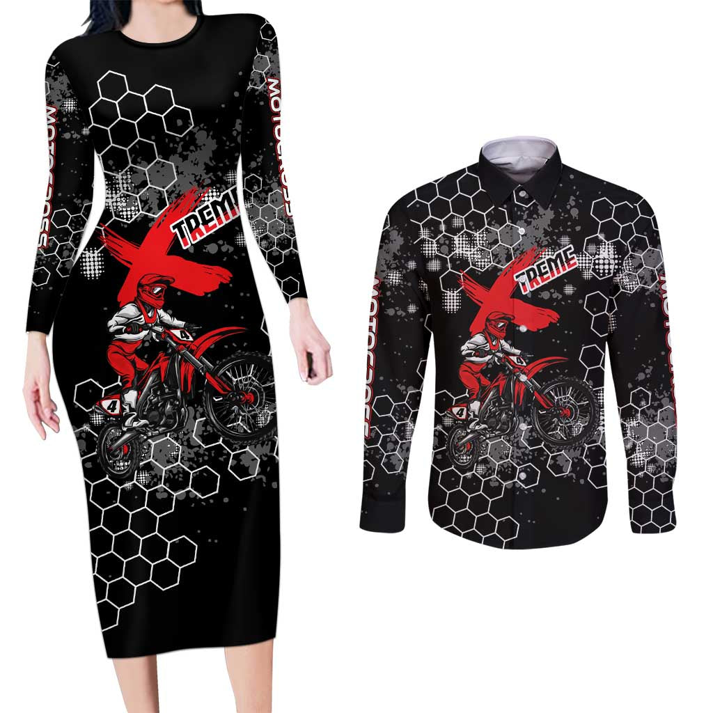 Custom Motocross Dirt Bike Couples Matching Long Sleeve Bodycon Dress and Long Sleeve Button Shirt with Red Rider and Honeycomb Grunge Design - Wonder Print Shop
