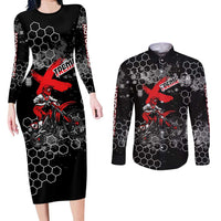 Custom Motocross Dirt Bike Couples Matching Long Sleeve Bodycon Dress and Long Sleeve Button Shirt with Red Rider and Honeycomb Grunge Design - Wonder Print Shop
