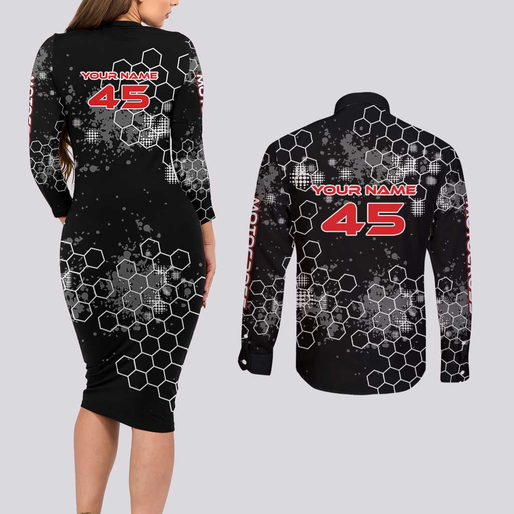 Custom Motocross Dirt Bike Couples Matching Long Sleeve Bodycon Dress and Long Sleeve Button Shirt with Red Rider and Honeycomb Grunge Design - Wonder Print Shop