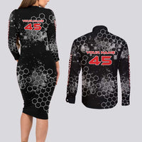 Custom Motocross Dirt Bike Couples Matching Long Sleeve Bodycon Dress and Long Sleeve Button Shirt with Red Rider and Honeycomb Grunge Design - Wonder Print Shop