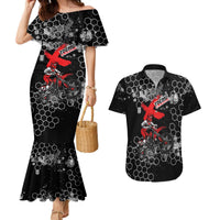 Custom Motocross Dirt Bike Couples Matching Mermaid Dress and Hawaiian Shirt with Red Rider and Honeycomb Grunge Design - Wonder Print Shop