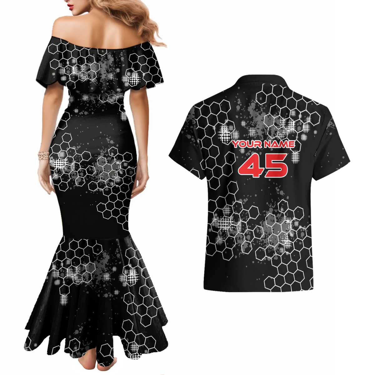 Custom Motocross Dirt Bike Couples Matching Mermaid Dress and Hawaiian Shirt with Red Rider and Honeycomb Grunge Design - Wonder Print Shop