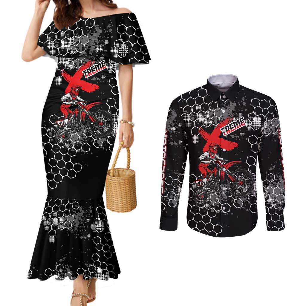 Custom Motocross Dirt Bike Couples Matching Mermaid Dress and Long Sleeve Button Shirt with Red Rider and Honeycomb Grunge Design - Wonder Print Shop
