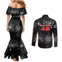 Custom Motocross Dirt Bike Couples Matching Mermaid Dress and Long Sleeve Button Shirt with Red Rider and Honeycomb Grunge Design - Wonder Print Shop