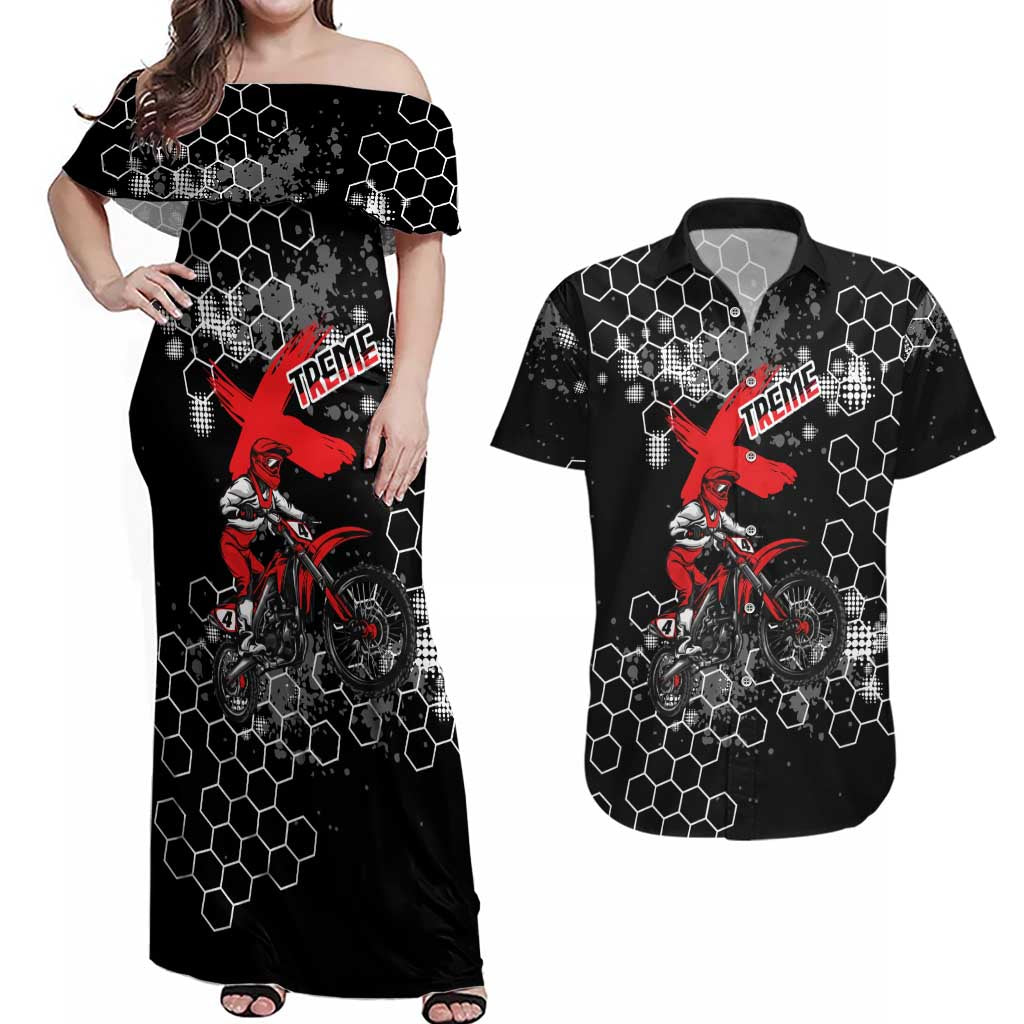 Custom Motocross Dirt Bike Couples Matching Off Shoulder Maxi Dress and Hawaiian Shirt with Red Rider and Honeycomb Grunge Design - Wonder Print Shop