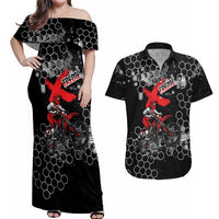 Custom Motocross Dirt Bike Couples Matching Off Shoulder Maxi Dress and Hawaiian Shirt with Red Rider and Honeycomb Grunge Design - Wonder Print Shop