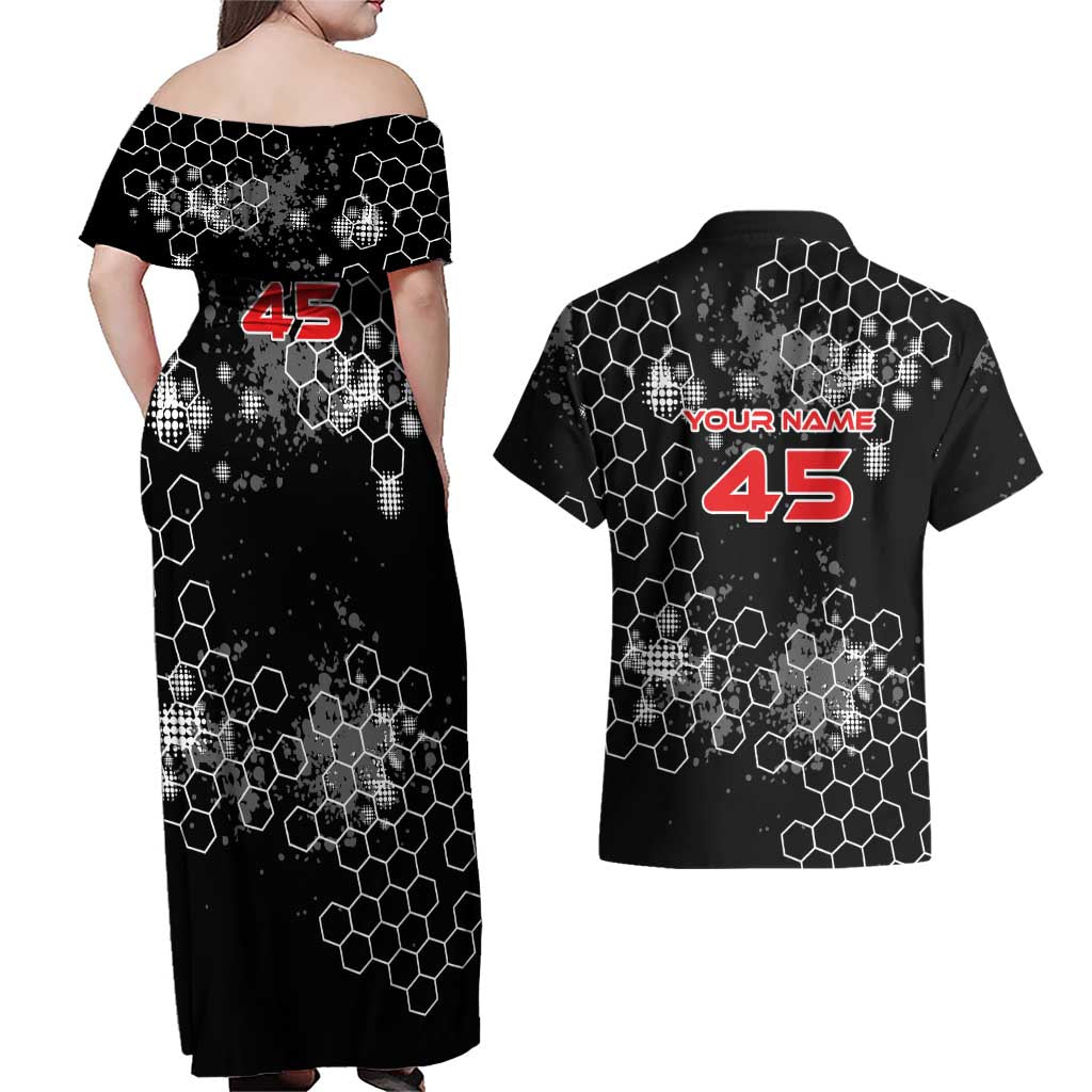 Custom Motocross Dirt Bike Couples Matching Off Shoulder Maxi Dress and Hawaiian Shirt with Red Rider and Honeycomb Grunge Design - Wonder Print Shop