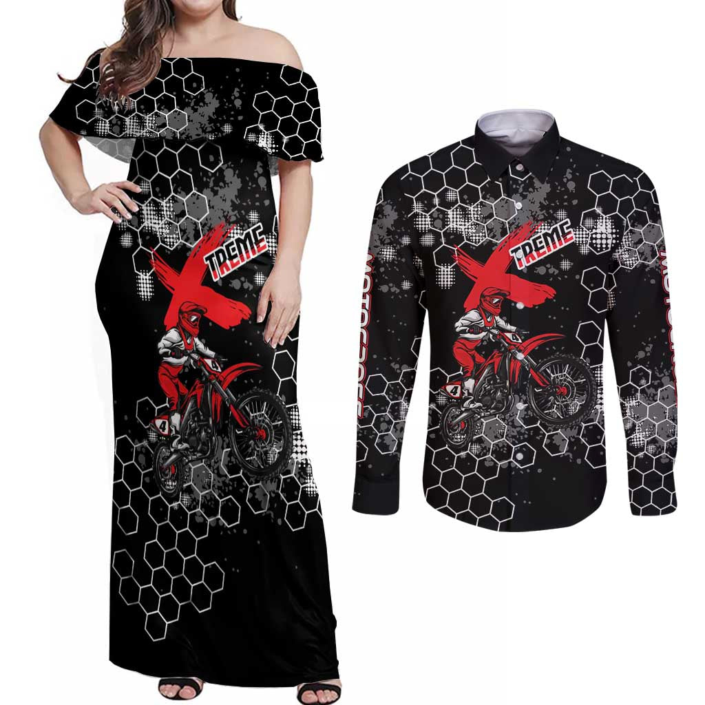 Custom Motocross Dirt Bike Couples Matching Off Shoulder Maxi Dress and Long Sleeve Button Shirt with Red Rider and Honeycomb Grunge Design - Wonder Print Shop