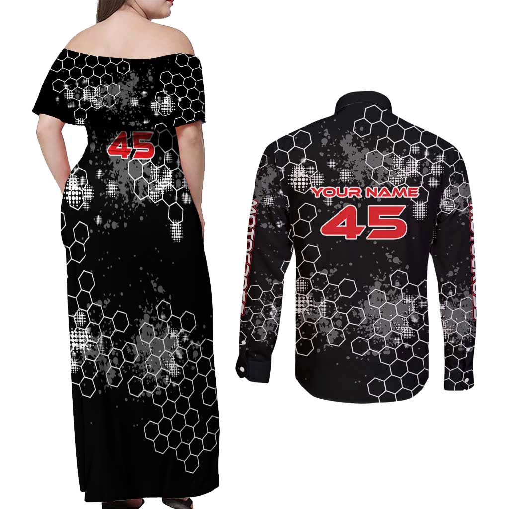 Custom Motocross Dirt Bike Couples Matching Off Shoulder Maxi Dress and Long Sleeve Button Shirt with Red Rider and Honeycomb Grunge Design - Wonder Print Shop