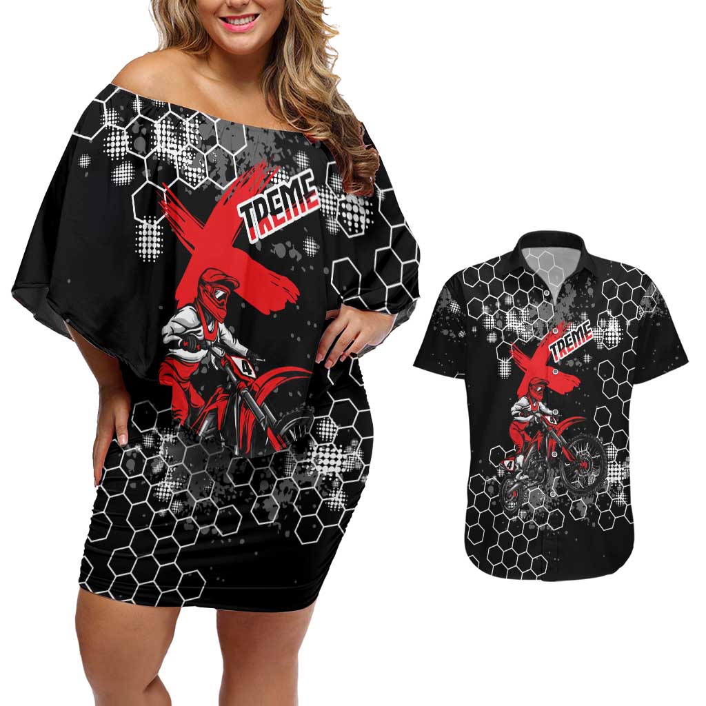 Custom Motocross Dirt Bike Couples Matching Off Shoulder Short Dress and Hawaiian Shirt with Red Rider and Honeycomb Grunge Design - Wonder Print Shop