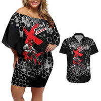 Custom Motocross Dirt Bike Couples Matching Off Shoulder Short Dress and Hawaiian Shirt with Red Rider and Honeycomb Grunge Design - Wonder Print Shop