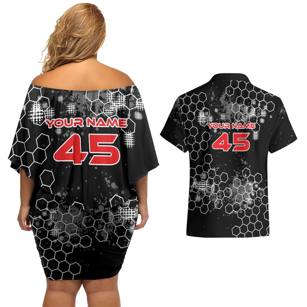 Custom Motocross Dirt Bike Couples Matching Off Shoulder Short Dress and Hawaiian Shirt with Red Rider and Honeycomb Grunge Design - Wonder Print Shop