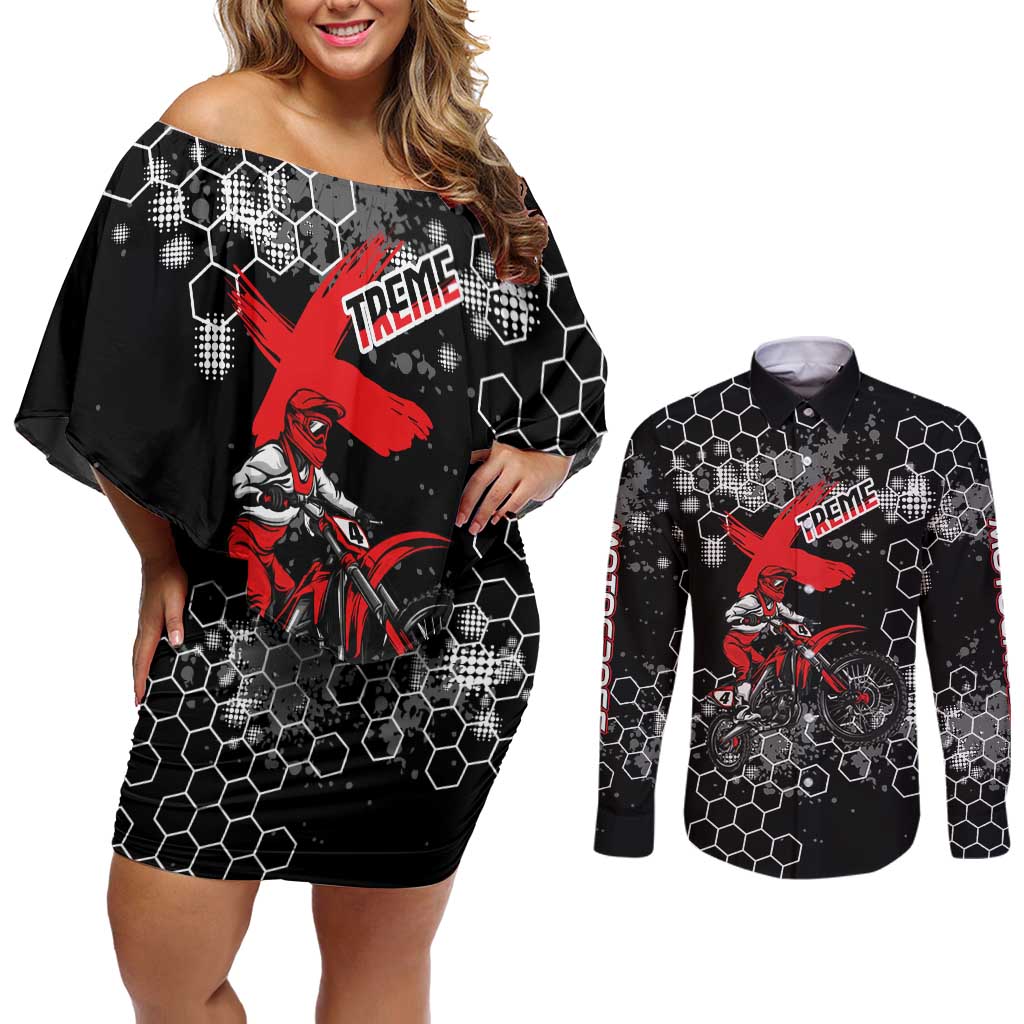 Custom Motocross Dirt Bike Couples Matching Off Shoulder Short Dress and Long Sleeve Button Shirt with Red Rider and Honeycomb Grunge Design - Wonder Print Shop
