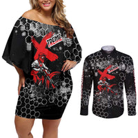 Custom Motocross Dirt Bike Couples Matching Off Shoulder Short Dress and Long Sleeve Button Shirt with Red Rider and Honeycomb Grunge Design - Wonder Print Shop