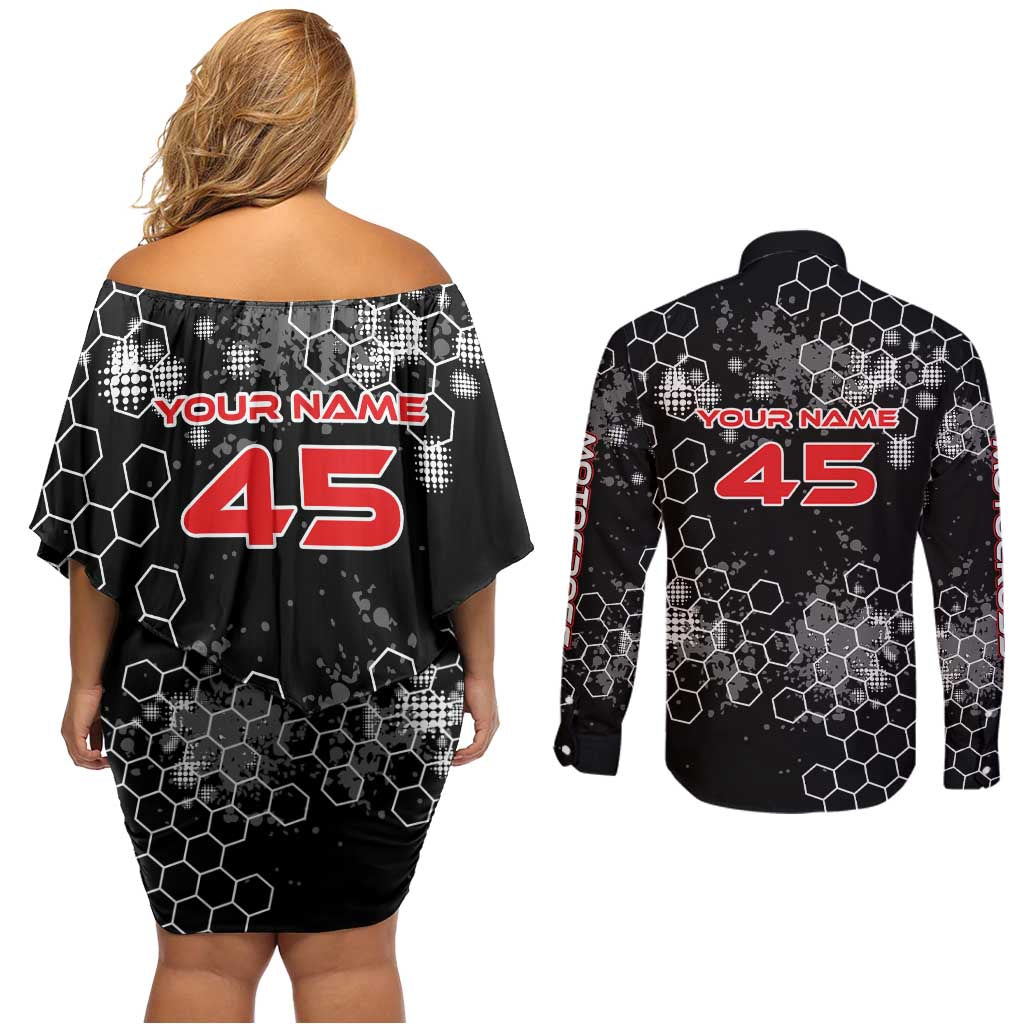 Custom Motocross Dirt Bike Couples Matching Off Shoulder Short Dress and Long Sleeve Button Shirt with Red Rider and Honeycomb Grunge Design - Wonder Print Shop