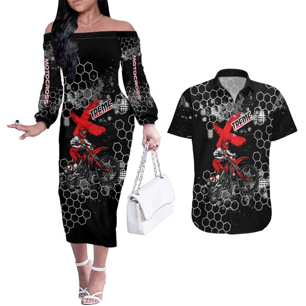 Custom Motocross Dirt Bike Couples Matching Off The Shoulder Long Sleeve Dress and Hawaiian Shirt with Red Rider and Honeycomb Grunge Design - Wonder Print Shop