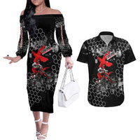 Custom Motocross Dirt Bike Couples Matching Off The Shoulder Long Sleeve Dress and Hawaiian Shirt with Red Rider and Honeycomb Grunge Design - Wonder Print Shop