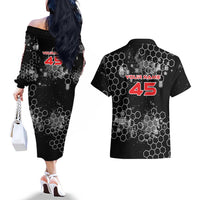 Custom Motocross Dirt Bike Couples Matching Off The Shoulder Long Sleeve Dress and Hawaiian Shirt with Red Rider and Honeycomb Grunge Design - Wonder Print Shop