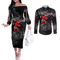 Custom Motocross Dirt Bike Couples Matching Off The Shoulder Long Sleeve Dress and Long Sleeve Button Shirt with Red Rider and Honeycomb Grunge Design - Wonder Print Shop