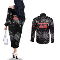 Custom Motocross Dirt Bike Couples Matching Off The Shoulder Long Sleeve Dress and Long Sleeve Button Shirt with Red Rider and Honeycomb Grunge Design - Wonder Print Shop