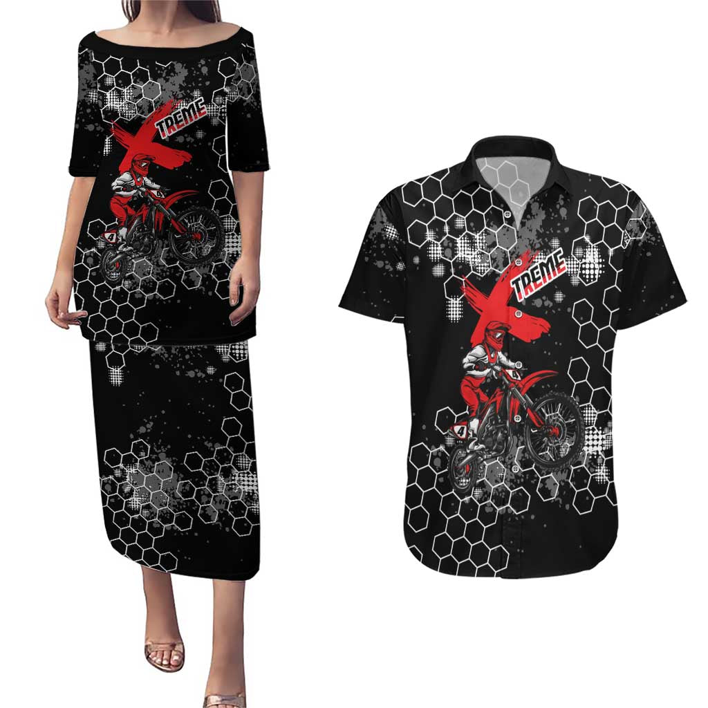 Custom Motocross Dirt Bike Couples Matching Puletasi and Hawaiian Shirt with Red Rider and Honeycomb Grunge Design - Wonder Print Shop