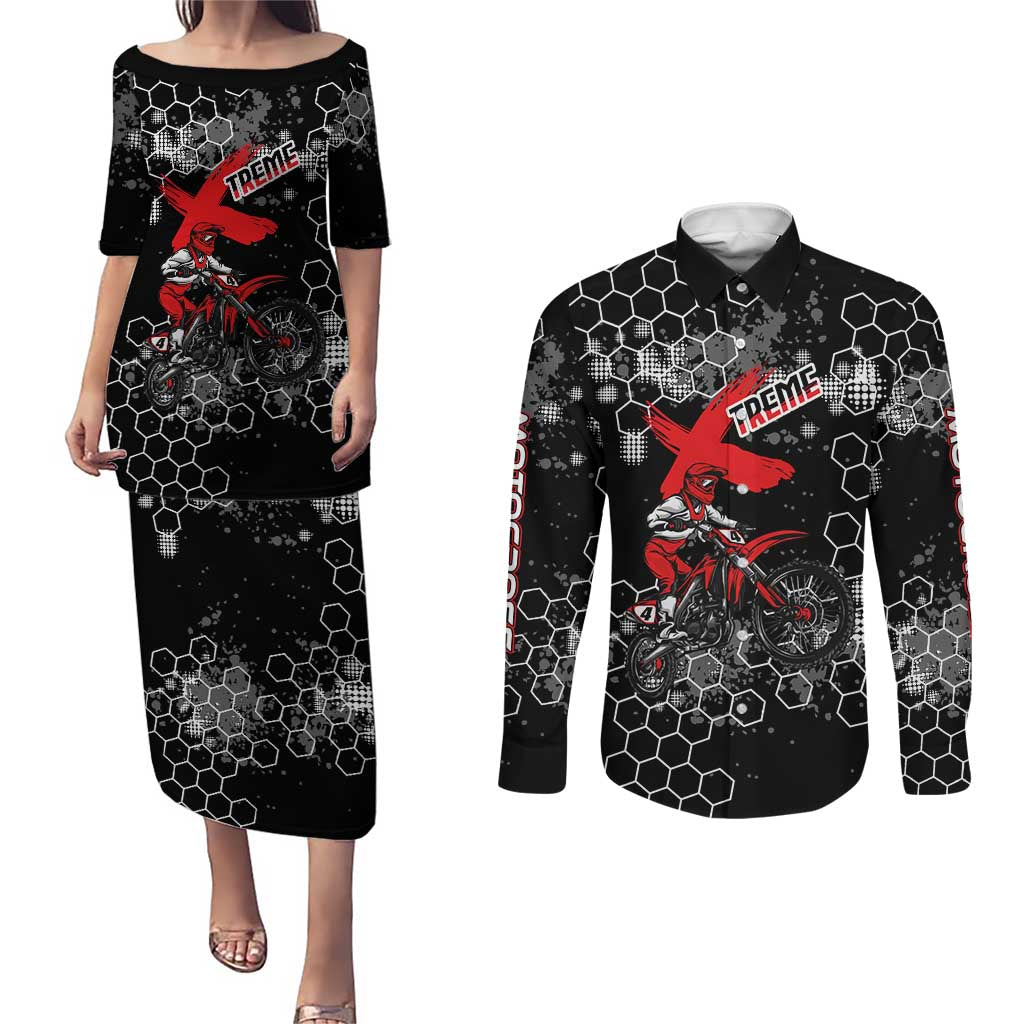 Custom Motocross Dirt Bike Couples Matching Puletasi and Long Sleeve Button Shirt with Red Rider and Honeycomb Grunge Design - Wonder Print Shop